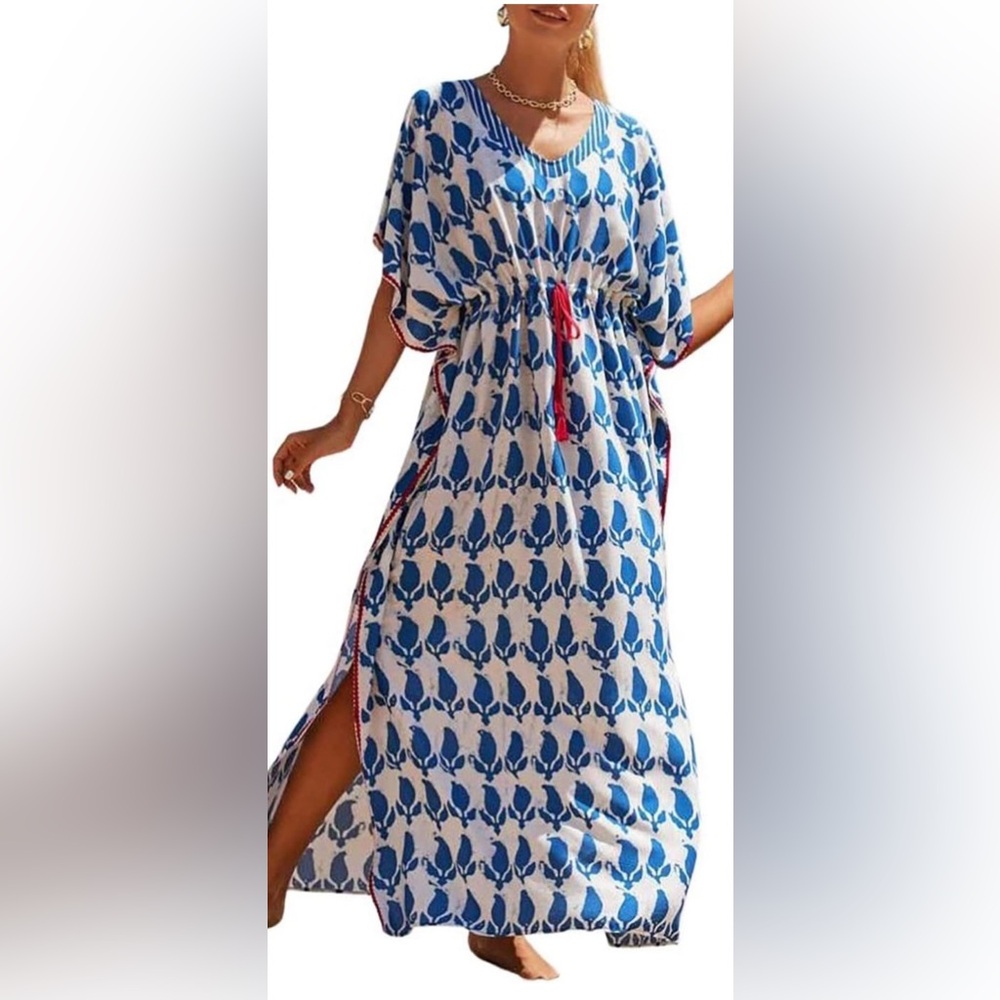 Vibrant Blue and White Kaftan with Red Accents